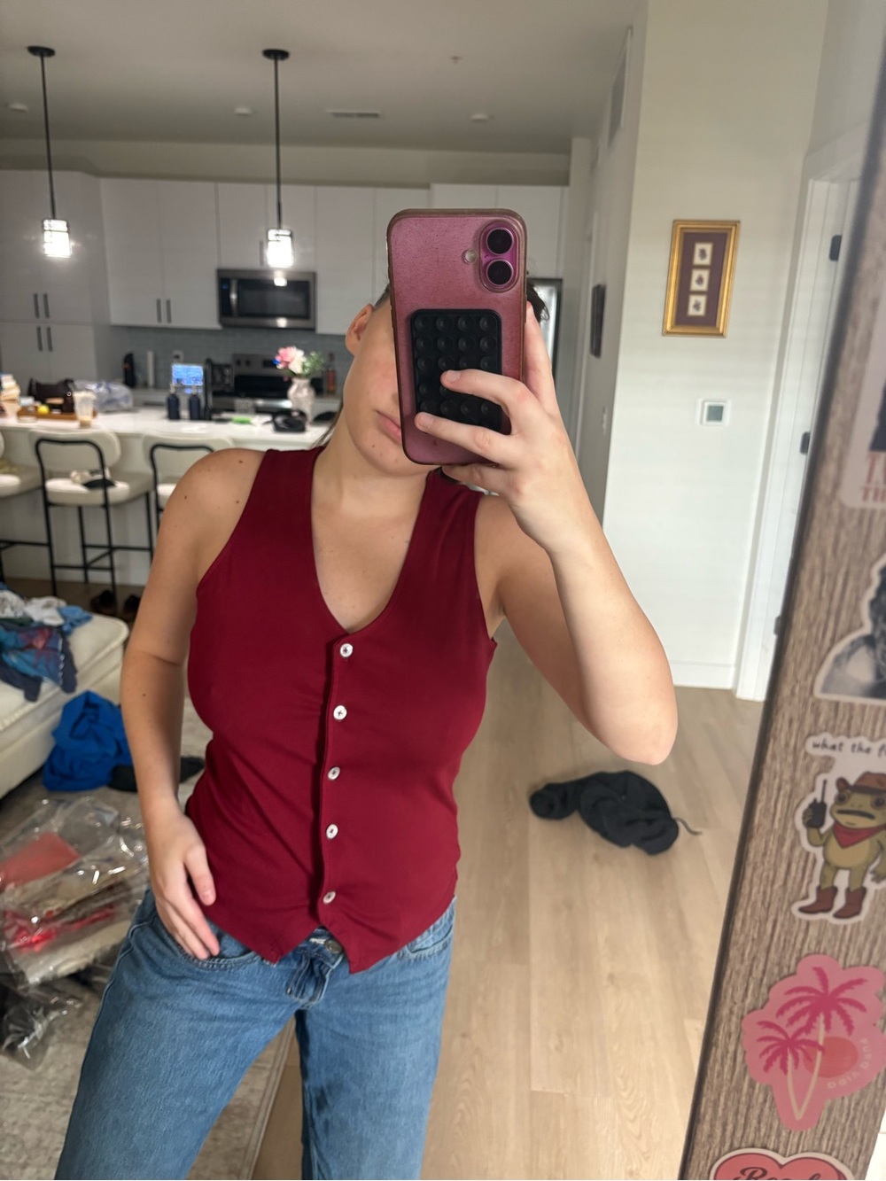 Adrienne Vittadini Sleeveless V-Neck Button Tank - Burgundy